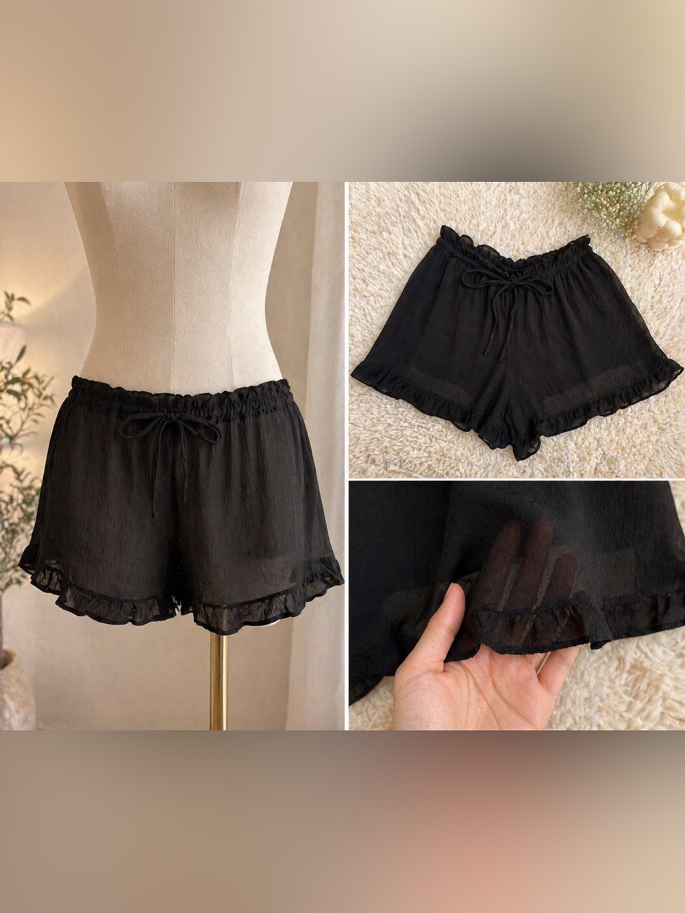 Black Sheer Ruffle Drawstring Lounge Shorts